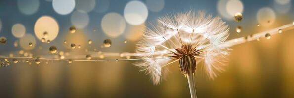 Abstract blurred nature background dandelion seeds parachute. Bokeh pattern. Generative AI photo
