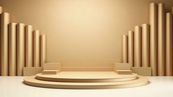 Podium with a parametric background. Stage showcase on pedestal display, 3d rendering. AI Generative photo