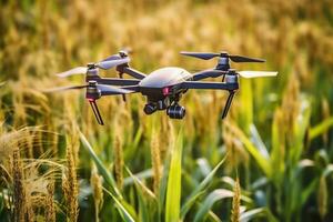 Drone monitoring crops and smart agriculture in a digital farming.  AI Generative photo