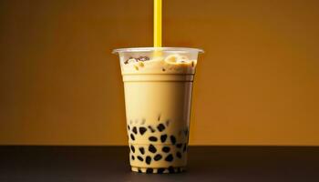 A bubble tea in a plastic cup. Generative AI photo