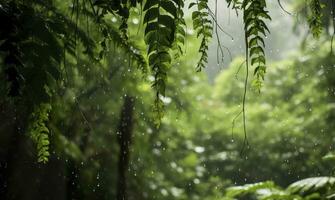 Rain falls in a rainforest with the rain drops. Generative AI photo