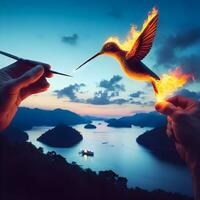 Enchanting Blaze, A Surreal Symphony of Fire-Breathing Hummingbirds Illuminates an Otherworldly Tapestry. AI Generated photo