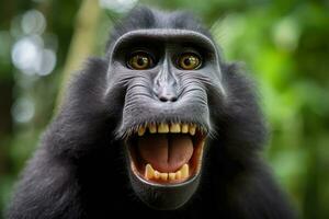 Celebes crested macaque with open mouth. Close up on the green natural background. Generative AI photo