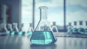 A Science Beaker in the laboratory on a table white and light blue background. laboratory equipment out of focus. AI Generative photo