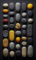 Some colorful stones are displayed, dark navy and yellow, AI Generative photo