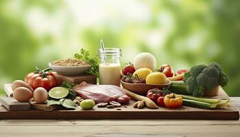 Closeup of vegetables, fruits, and meat on wooden table over green natural background. Generative AI photo