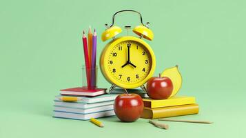 popular Arte ilustración de colegio accesorios con manzanas, libros, y un alarma reloj en el colegio antecedentes. espalda a colegio concepto. 3d representación, ai generativo foto