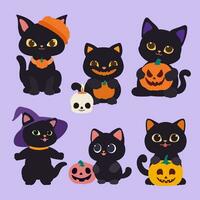 A set of vector black cats with a pumpkin for the Halloween holiday.Set of pumpkin cat. Collection kiiten with pumkin. Funny pets.