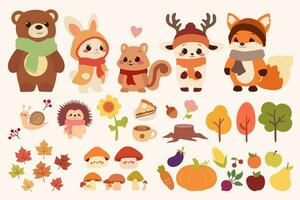 A set of cute woodland animals gathered together in autumn. The animals include a fox, bear, squirrel, hedgehog, deer, and bunny. vector