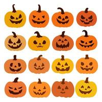 A set of Halloween pumpkins with carved faces. The pumpkins are different sizes and shapes, and the faces have different expressions. vector