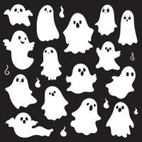 A set of white ghosts on a black background. The ghosts are different shapes and sizes, and they have different expressions on their faces. vector