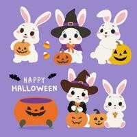 Collection of funny and cute happy kawaii rabbits for the Halloween holiday.Set of pumpkin bunny. Collection bunny with pumkin. Happy Halloween. vector