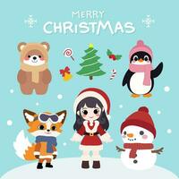 A set of Christmas characters, including a Santa girl, a snowman, a fox, a bear, a penguin, and a Christmas tree. vector