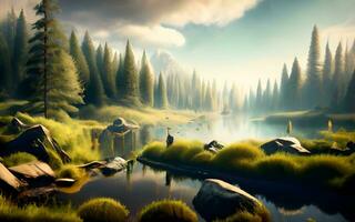 Ethereal Beauty Unveiled, Mystical Tranquility at a Misty Forest Pond. AI Generated photo