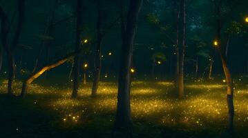 The Mesmerizing Dance of Fireflies in a Mystical Dark Forest. AI Generated photo