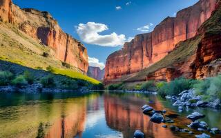 un sereno río serpenteante mediante el majestuoso cañón - un cautivador paisaje de tranquilidad y belleza. ai generado foto