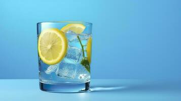 fresh cool lemonade inside little glass with ice on blue background water cold juice cocktail color. AI Generative photo