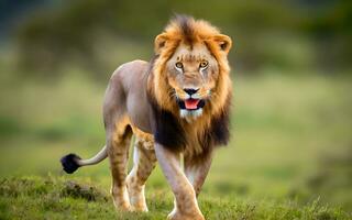 un asombroso vislumbrar dentro el poderoso presencia de un león itinerancia el salvaje sabana. ai generado foto