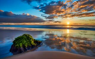 majestuoso amanecer terminado un sereno playa, un cautivador Mañana vista. ai generado foto