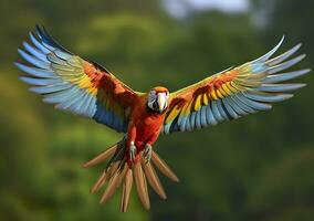 Flying macaw, beautiful bird. Generative AI photo