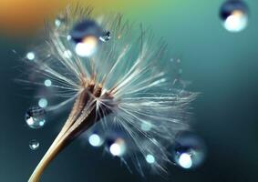 Beautiful dew drops on a dandelion seed macro. Beautiful blue background. Generative AI photo