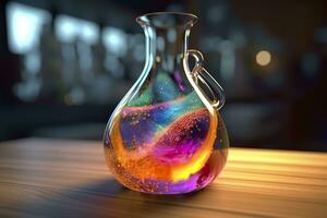 Close Up of a Science Beaker Filled with Multi Colored Liquids. AI Generative photo