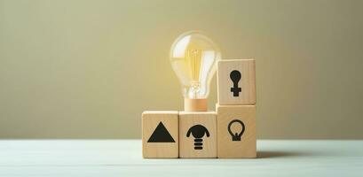 Creative idea, solution and innovation concept. Idea generation for business development. Wooden cube blocks with light bulb and cycle icons on clean background and copy space. AI Generative photo