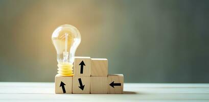 Creative idea, solution and innovation concept. Idea generation for business development. Wooden cube blocks with light bulb and cycle icons on clean background and copy space. AI Generative photo