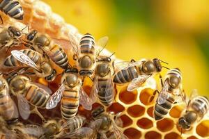 honey bees on honeycomb in apiary in summertime, Honey bees communicate with each other, AI Generative photo