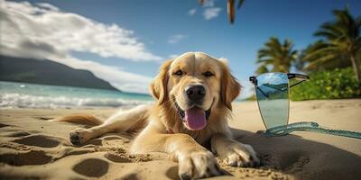 Golden Retriever dog is on summer vacation at seaside resort and relaxing rest on summer beach of Hawaii. AI Generative photo