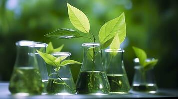 Biotechnology concept with green plant leaves, laboratory glassware, and conducting research, illustrating the powerful combination of nature and science in medical advancements.  AI Generative photo