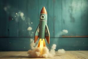 Toy rocket takes off business and finances success concept. AI Generative photo