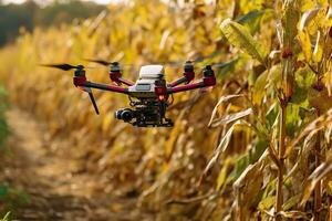 Drone monitoring crops and smart agriculture in a digital farming.  AI Generative photo