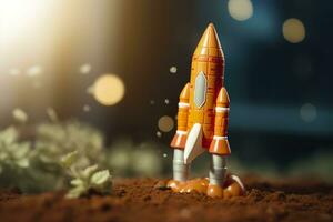 Toy rocket takes off business and finances success concept. AI Generative photo