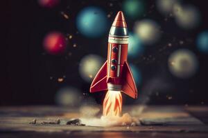 Toy rocket takes off business and finances success concept. AI Generative photo