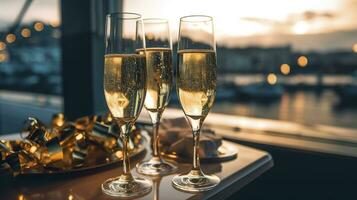 Luxury evening party on a cruising yacht with a champagne setting. Champagne glasses and bottles with champagne with bokeh yacht in the background, nobody. AI Generative photo