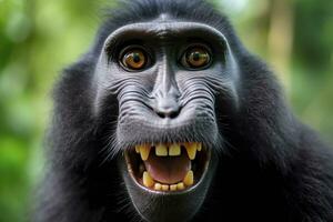 Celebes crested macaque with open mouth. Close up on the green natural background. Generative AI photo