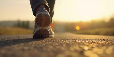 Close up on the shoe, Runner athlete feet running on the road under sunlight in the morning. AI Generative photo