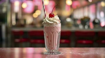 Cherry Milkshake in a Classic American Diner.  food photography concept. Generative AI photo