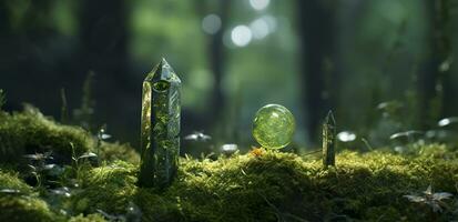 Crystals with moon phases image of moss in a mysterious forest, natural background. Generative AI photo