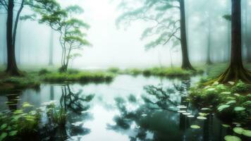 etéreo belleza revelado, místico tranquilidad a un brumoso bosque estanque. ai generado foto