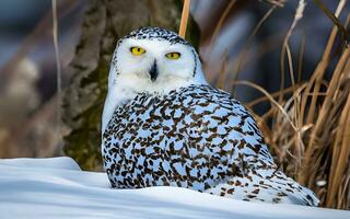 Snowy Elegance, A Striking Portrait of a Majestic Snowy Owl Amidst the Pristine Blanket of a Winter Wonderland. AI Generated photo