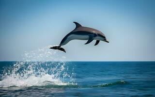 capturar el elegancia, un cerca encuentro con un delfines agraciado salto desde el Oceano lo más hondo. ai generado foto