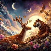Enchanted Encounter, A Whimsical Tale of Deer and Tiger Love in Fantasy Splendor. AI Generated photo