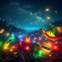 Enchanting Nocturnal Symphony, A Surreal Ballet of Firefly Beetles Illuminating the Cosmos with a Kaleidoscope of Hues. AI Generated photo
