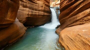 The Majestic Cascade - A Breathtaking Photograph of a Rushing River Sculpting Its Path Through Towering Rocky Canyons. AI Generated photo