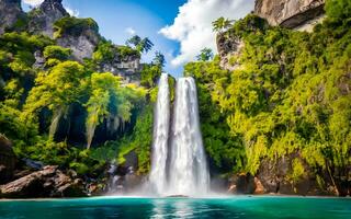 Cascading Waterfall Symphony, A Captivating Snapshot of Nature's Majestic Power Amidst Lush, Verdant Canopies. AI Generated photo