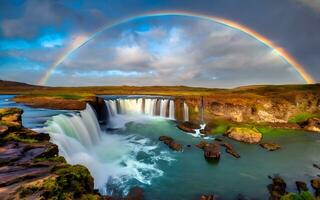 de la naturaleza fascinante espectáculo, un cautivador instantánea de un arco iris arqueo graciosamente terminado un majestuoso cascada. ai generado foto