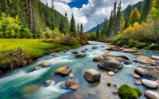 serenidad revelado, un tranquilo río serpenteante mediante el corazón de el encantador bosque. ai generado foto