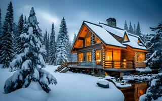 encantador invierno retiro, un tranquilo de madera cabina anidado en un Nevado bosque mundo maravilloso. ai generado foto